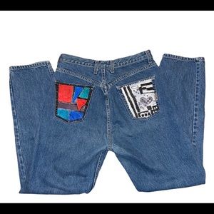 Vintage Upcycled Guess Button Fly High Rise Jeans Painted Pockets